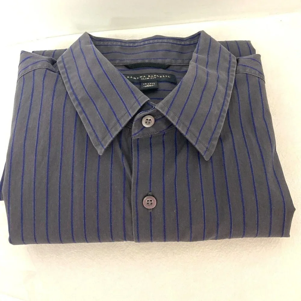 Banana Republic Shirt Men's XL 17/17.5 Slim Fit Dark‎ Gray w/ Blue Stripe